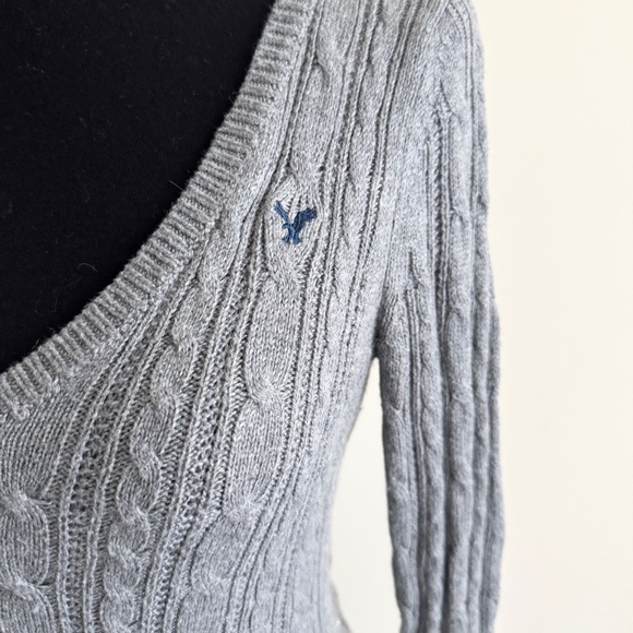 American Eagle Vintage Cable Knit V-Neck Sweater Grey (2000s) Y2K cotton wool - Picture 3 of 7